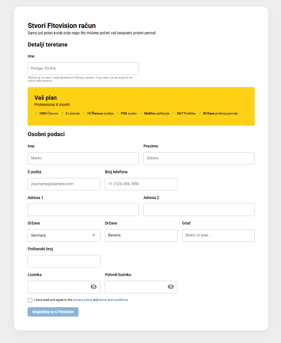 Registracija nove teretane - forma za unos osnovnih podataka